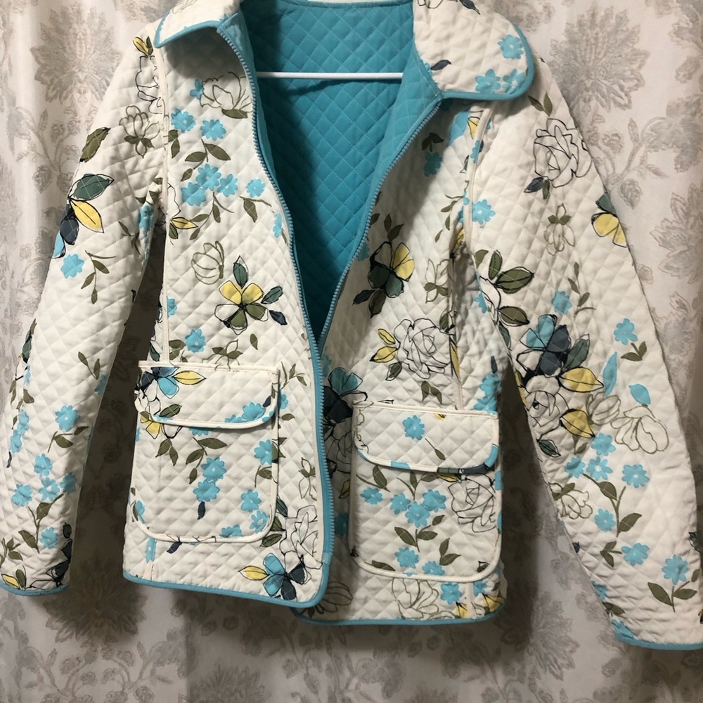 Quilted Floral Jacket in White & Aqua - Lightweight Women’s Coat